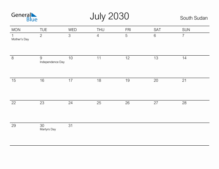 Printable July 2030 Calendar for South Sudan
