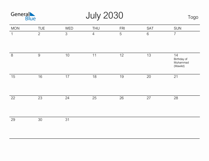 Printable July 2030 Calendar for Togo