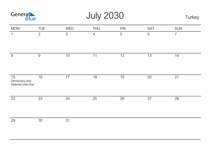 Printable July 2030 Calendar for Turkey