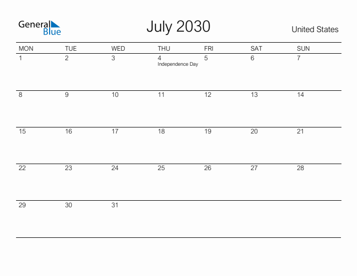 Printable July 2030 Calendar for United States