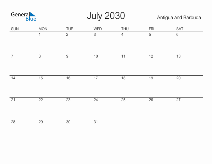 Printable July 2030 Calendar for Antigua and Barbuda