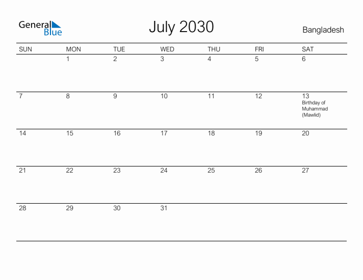 Printable July 2030 Calendar for Bangladesh
