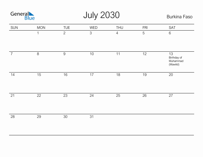 Printable July 2030 Calendar for Burkina Faso