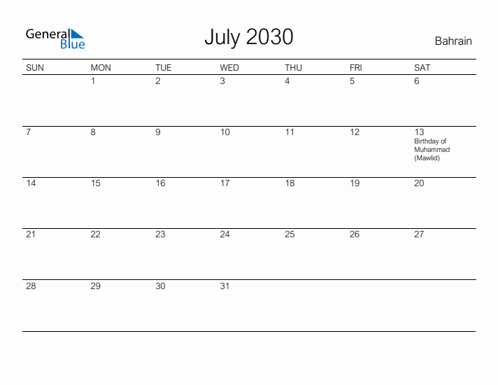 Printable July 2030 Calendar for Bahrain