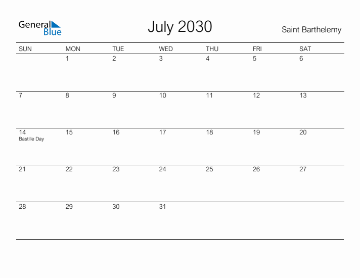 Printable July 2030 Calendar for Saint Barthelemy