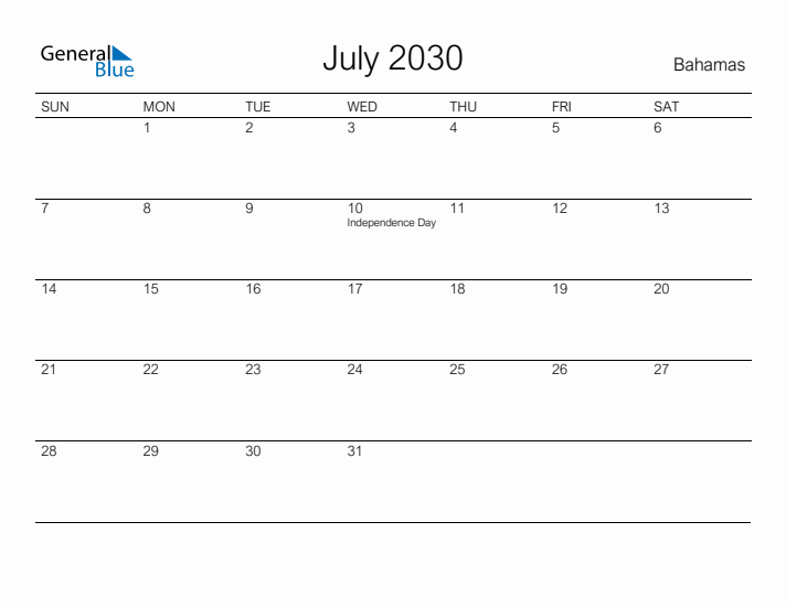 Printable July 2030 Calendar for Bahamas