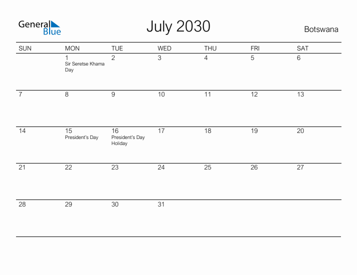 Printable July 2030 Calendar for Botswana