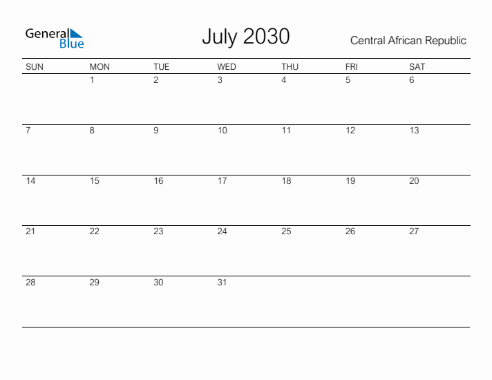 Printable July 2030 Calendar for Central African Republic