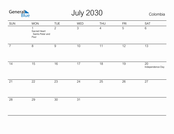 Printable July 2030 Calendar for Colombia