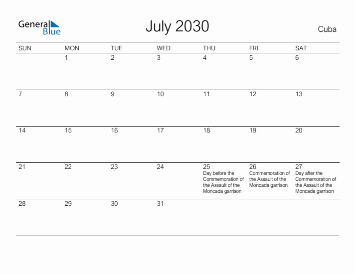 Printable July 2030 Calendar for Cuba