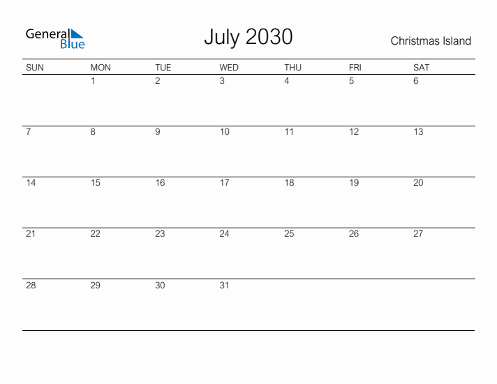 Printable July 2030 Calendar for Christmas Island