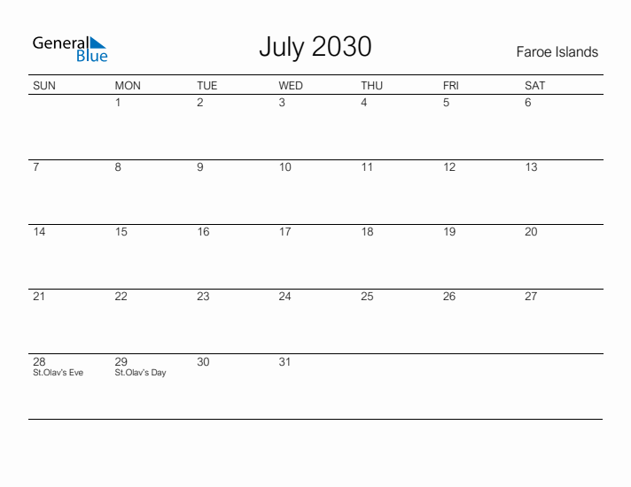 Printable July 2030 Calendar for Faroe Islands
