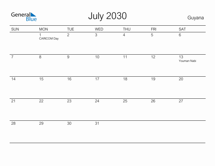 Printable July 2030 Calendar for Guyana