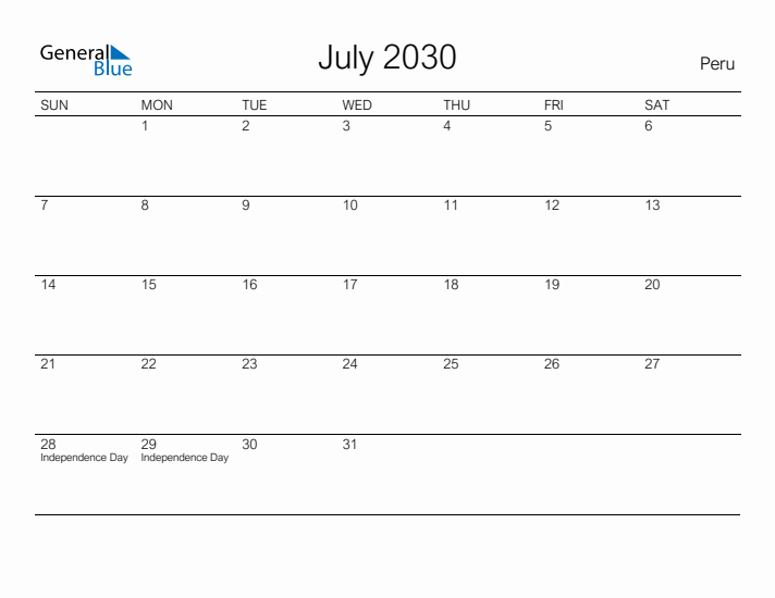 Printable July 2030 Calendar for Peru