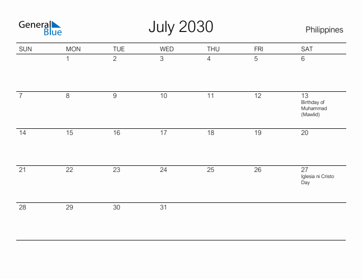 Printable July 2030 Calendar for Philippines