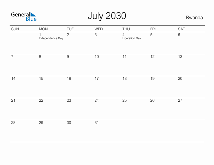 Printable July 2030 Calendar for Rwanda