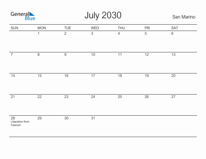 Printable July 2030 Calendar for San Marino