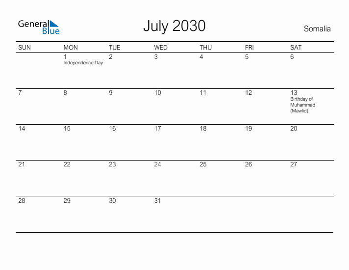 Printable July 2030 Calendar for Somalia