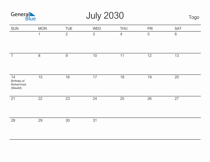 Printable July 2030 Calendar for Togo