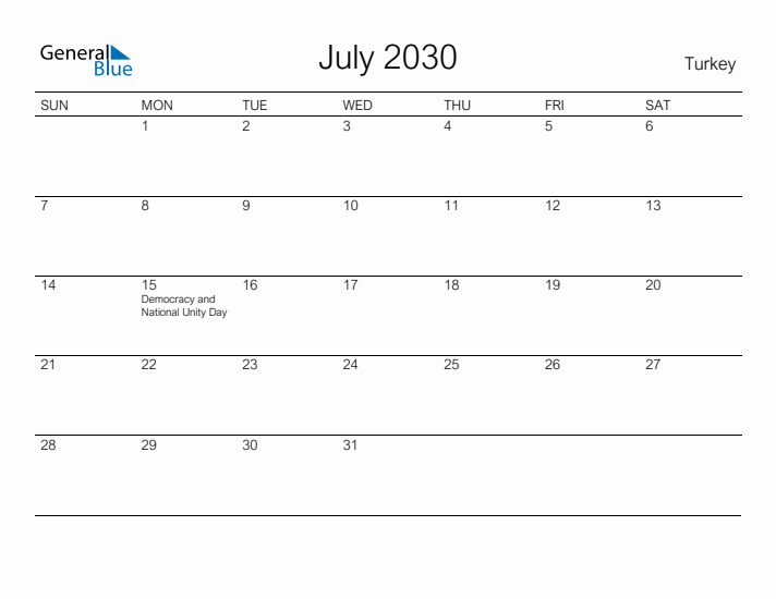 Printable July 2030 Calendar for Turkey