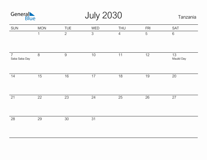 Printable July 2030 Calendar for Tanzania