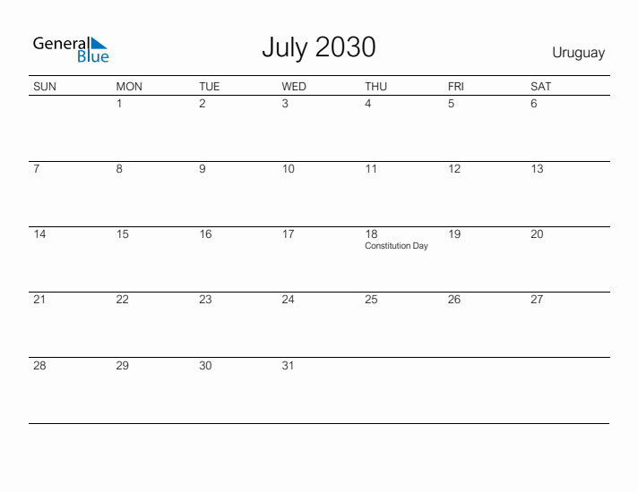 Printable July 2030 Calendar for Uruguay