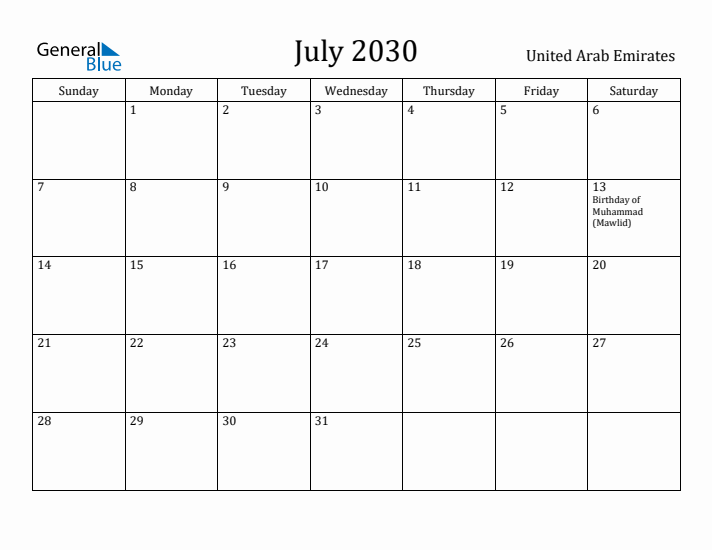 July 2030 Calendar United Arab Emirates
