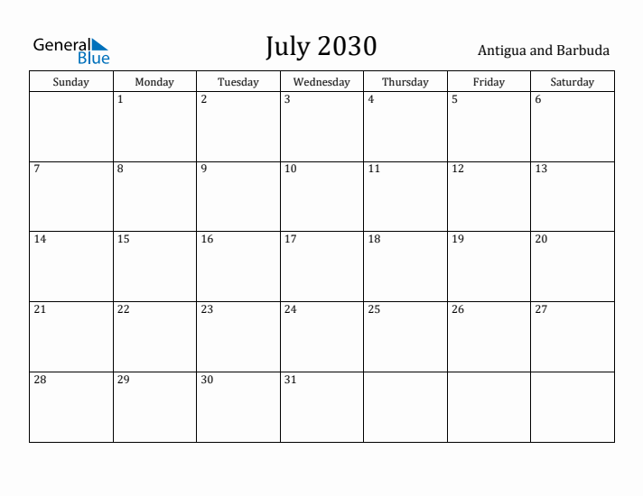 July 2030 Calendar Antigua and Barbuda