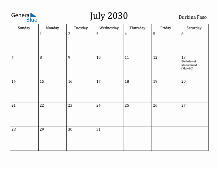 July 2030 Calendar Burkina Faso