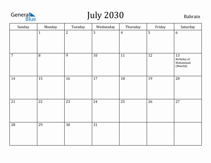 July 2030 Calendar Bahrain