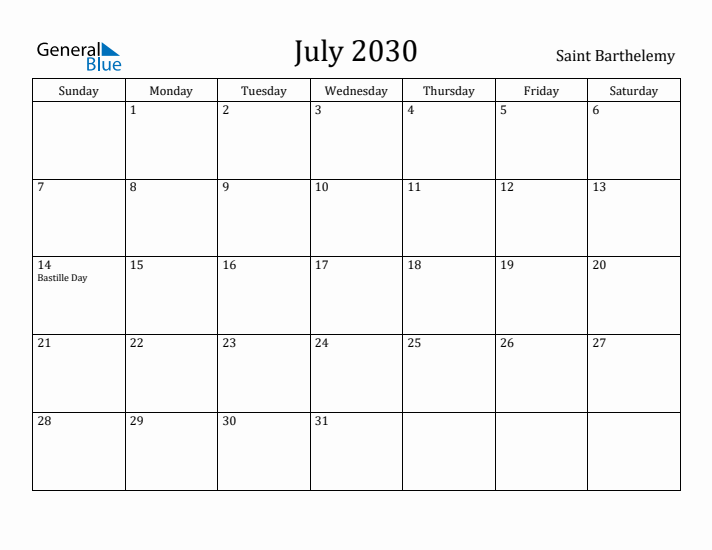 July 2030 Calendar Saint Barthelemy