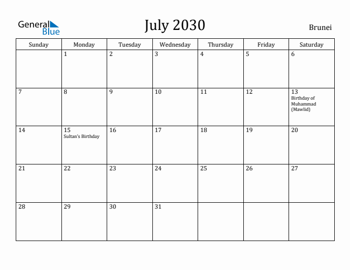 July 2030 Calendar Brunei