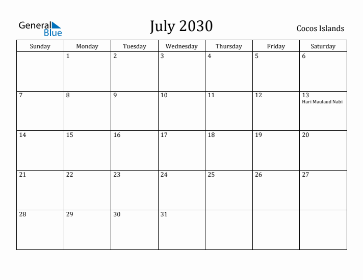 July 2030 Calendar Cocos Islands