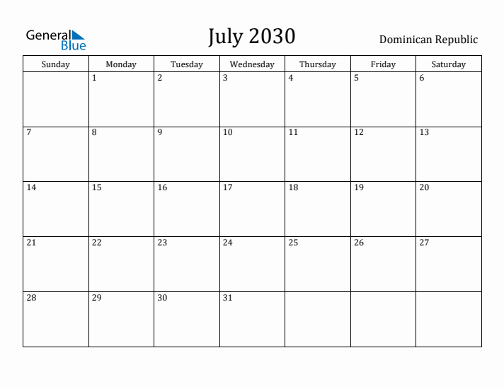 July 2030 Calendar Dominican Republic