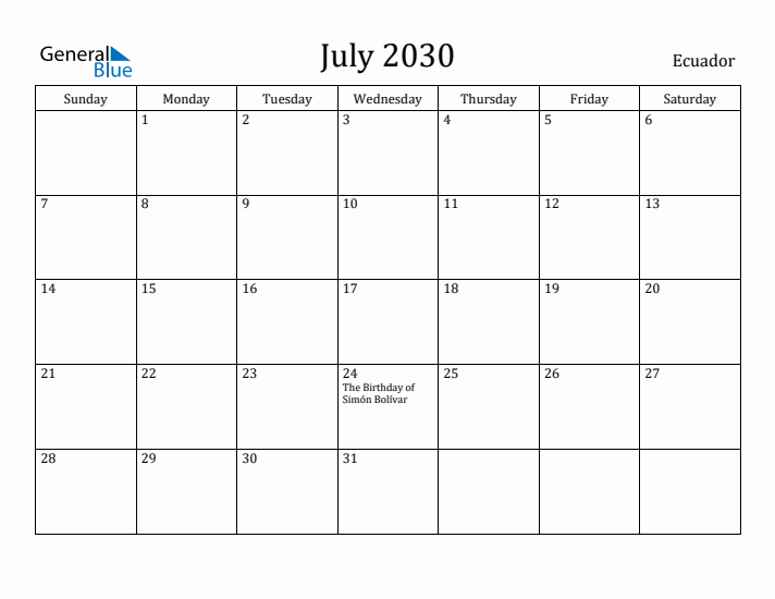 July 2030 Calendar Ecuador