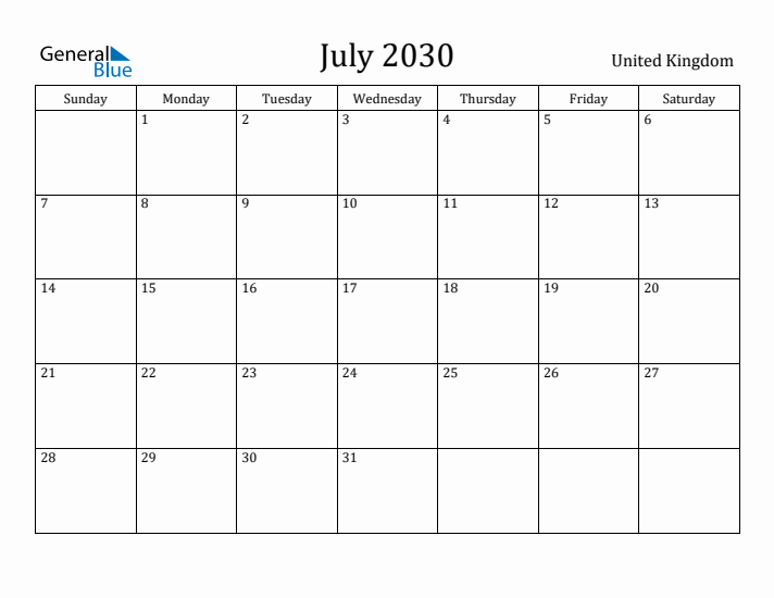July 2030 Calendar United Kingdom