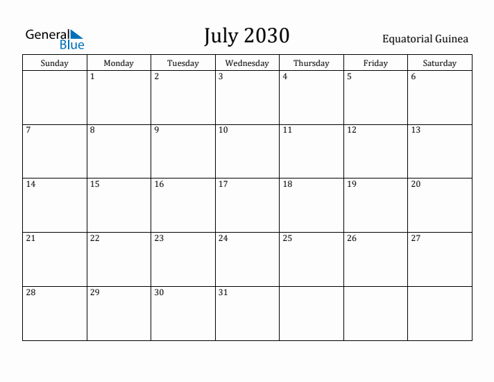 July 2030 Calendar Equatorial Guinea