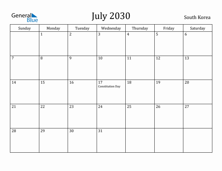 July 2030 Calendar South Korea