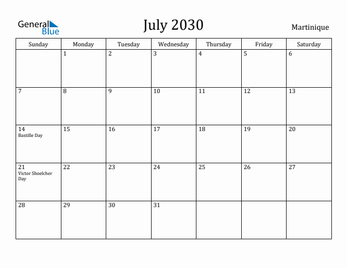 July 2030 Calendar Martinique