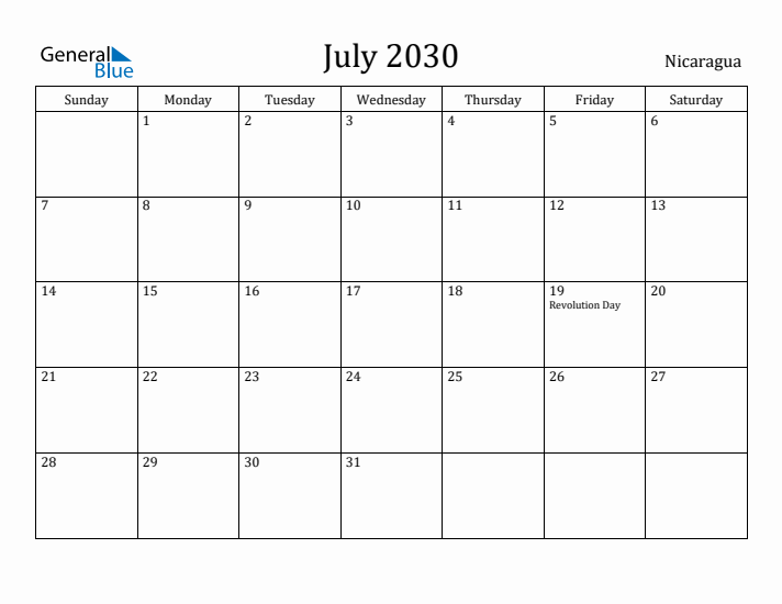 July 2030 Calendar Nicaragua