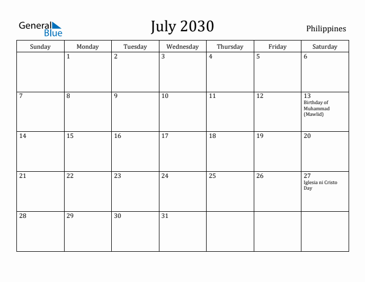 July 2030 Calendar Philippines