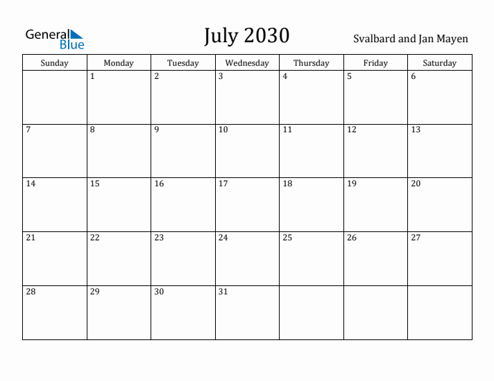 July 2030 Calendar Svalbard and Jan Mayen