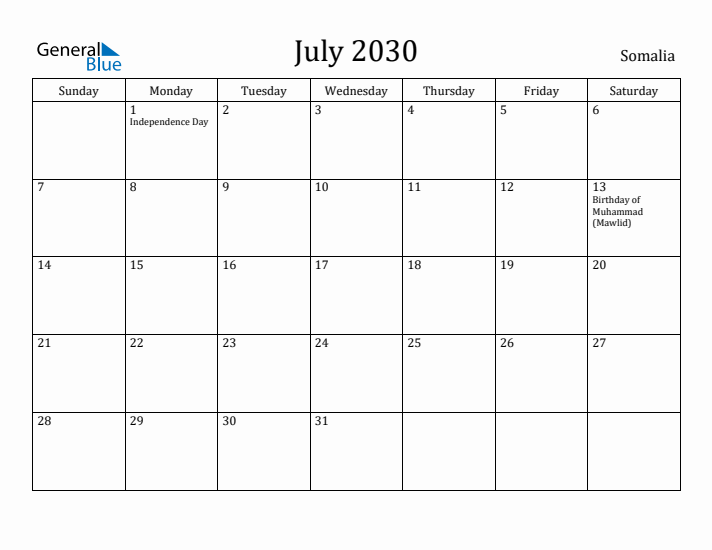 July 2030 Calendar Somalia