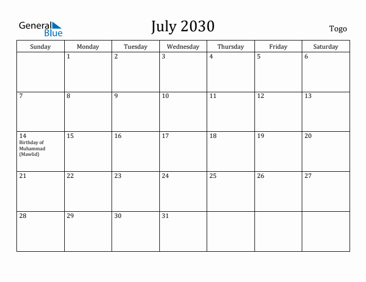 July 2030 Calendar Togo