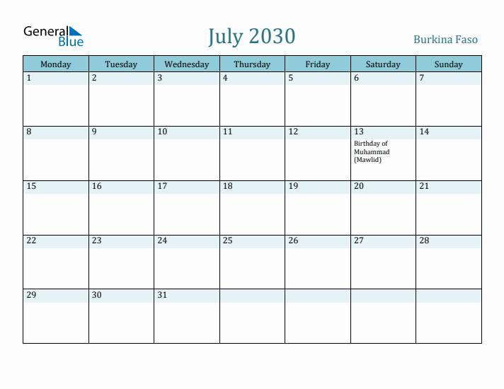 July 2030 Calendar with Holidays