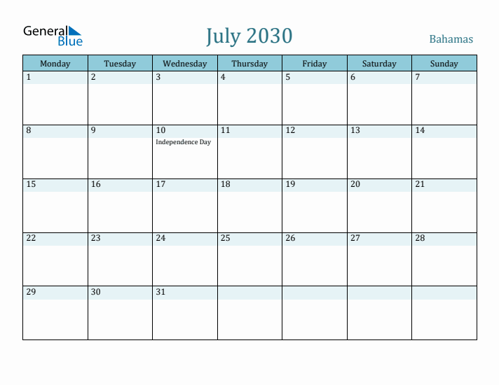 July 2030 Calendar with Holidays