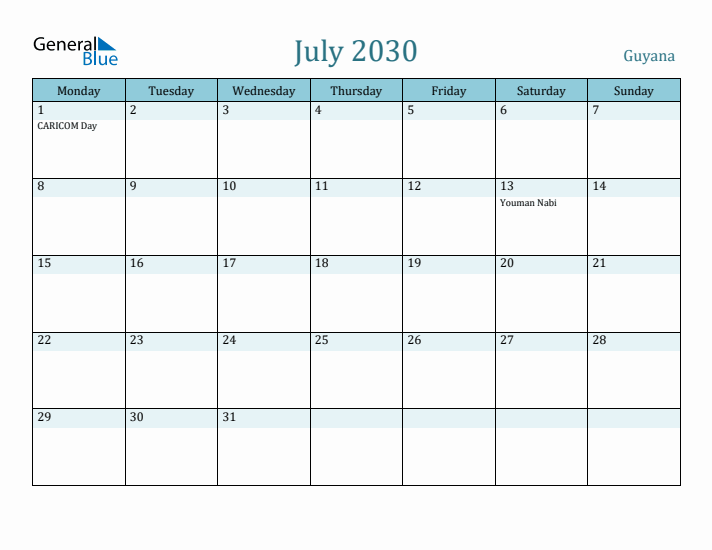 July 2030 Calendar with Holidays