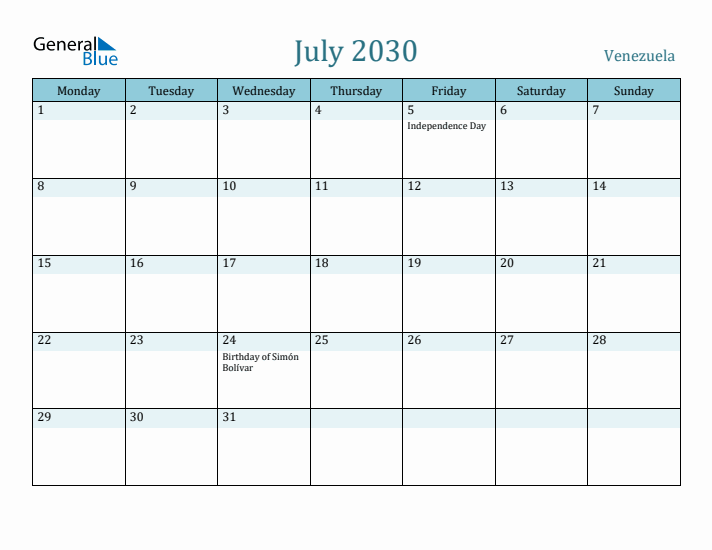 July 2030 Calendar with Holidays