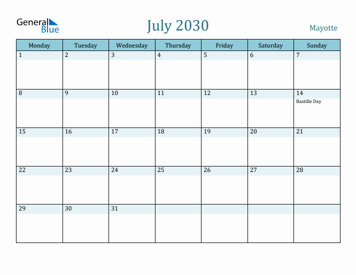 July 2030 Calendar with Holidays