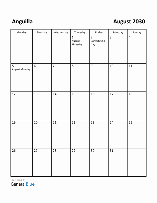August 2030 Calendar with Anguilla Holidays